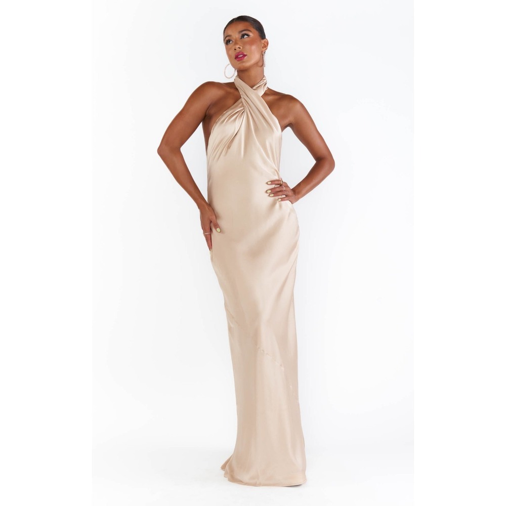 Show Me Your Mumu Jasmine Halter Maxi Dress Light Champagne Satin Sz M Formal